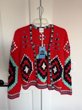 HUNTER BELL Red Crochet Cardigan with Turquoise & Navy Accents